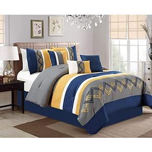 Chezmoi Collection Arden 7-Piece Modern Pleated Stripe Embroidered Zigzag Bedding Comforter Set (Full, Navy/Gray/Yellow/White)