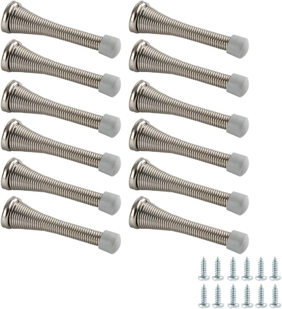 Amazon Basics Spring Door Stopper, Brushed Nickel, with Rubber Bumper Tips, 12-Pack