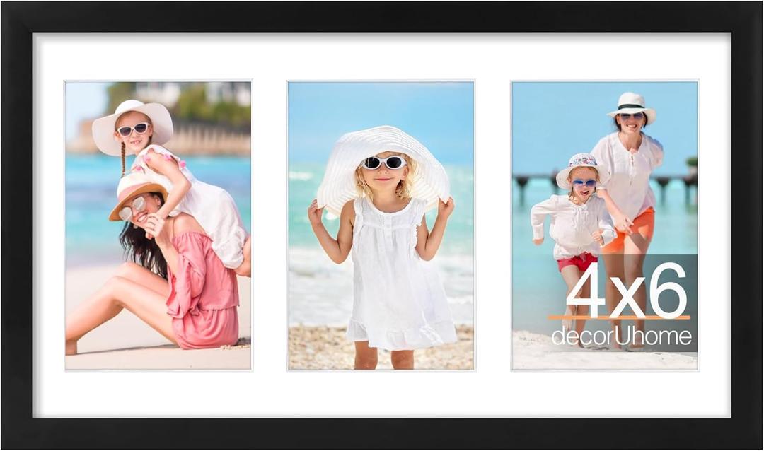 decorUhome 8x14 Picture Frames Collage Wall Decor, Display 3Pcs 4x6 Photos with Mat or 1Pcs 8x14 Unmatted, 3 4x6 Collage Picture Frames for Wall Mounting, Black