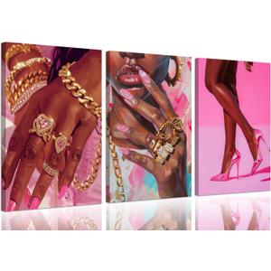 3Pcs Pink Fashion Black Girl Canvas Wall Art African American Black Woman Wall Decor Pictures Gorgeous Black Girl Posters Prints for Living Room Bedroom Artwork Home Decoration Prepare to Hang (12x16in)