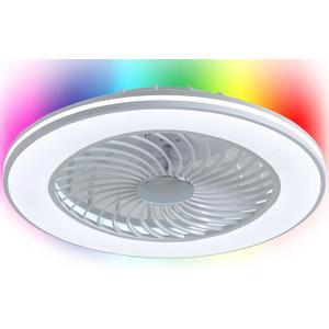 Low Profile Ceiling Fans with Lights, 24" Caged Modern Flush Mount Ceiling Fan with LED Light, Housing Finish White, RGB Back Light