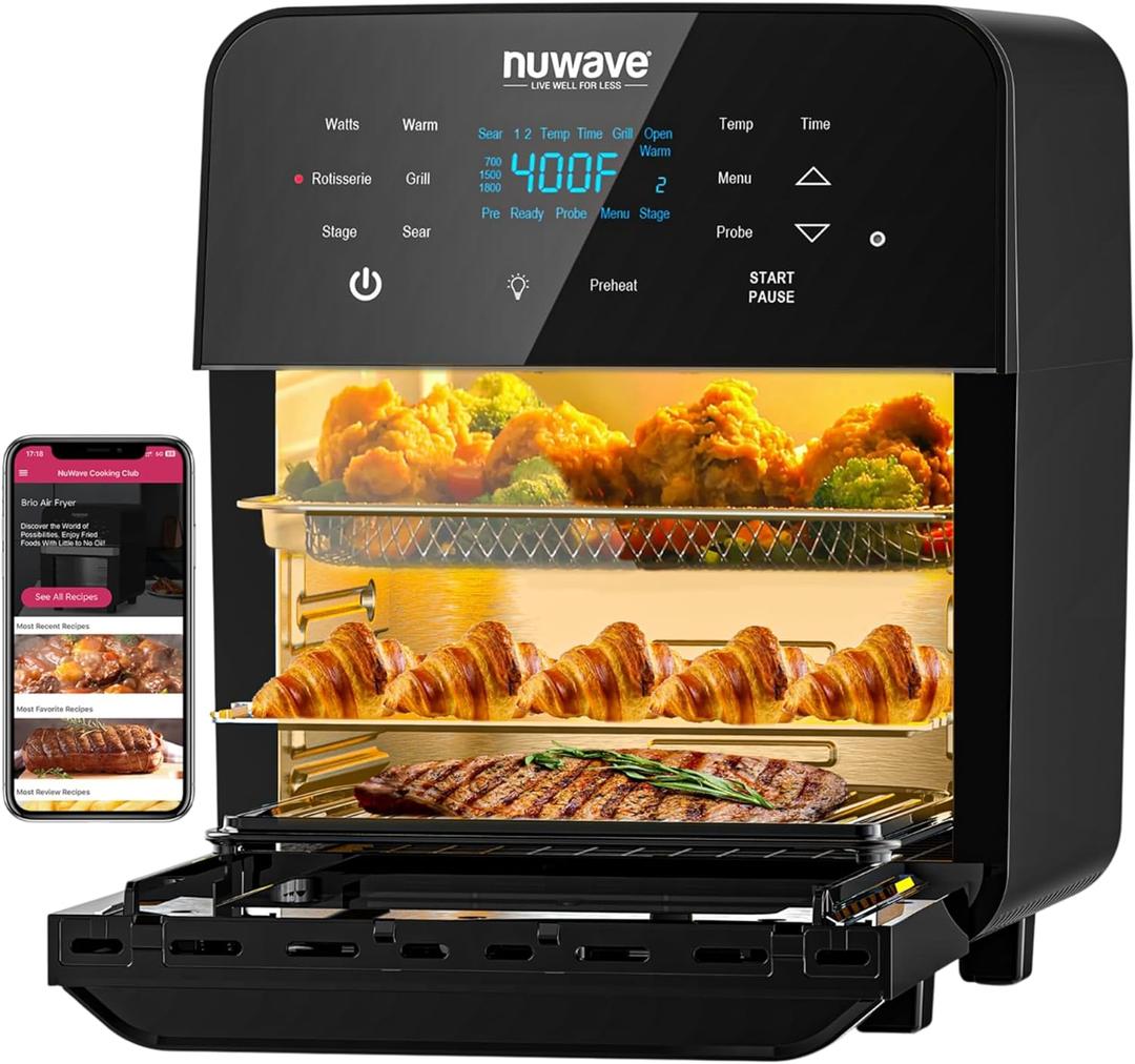 Nuwave Brio 15.5Qt Air Fryer Rotisserie Oven, X-Large Family Size, Powerful 1800W, 4 Rack Positions, 50-425F Temp Controls, 100 Presets & 50 Memory, Integrated Smart Thermometer, Linear T Technology