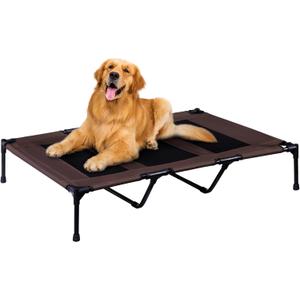 PRAISUN XL Outdoor Dog Bed, Elevated Dog Bed with Durable Oxford Fabric, Textilene Mesh, Metal Frame for Indoors, Outdoors, Lawn, Brown