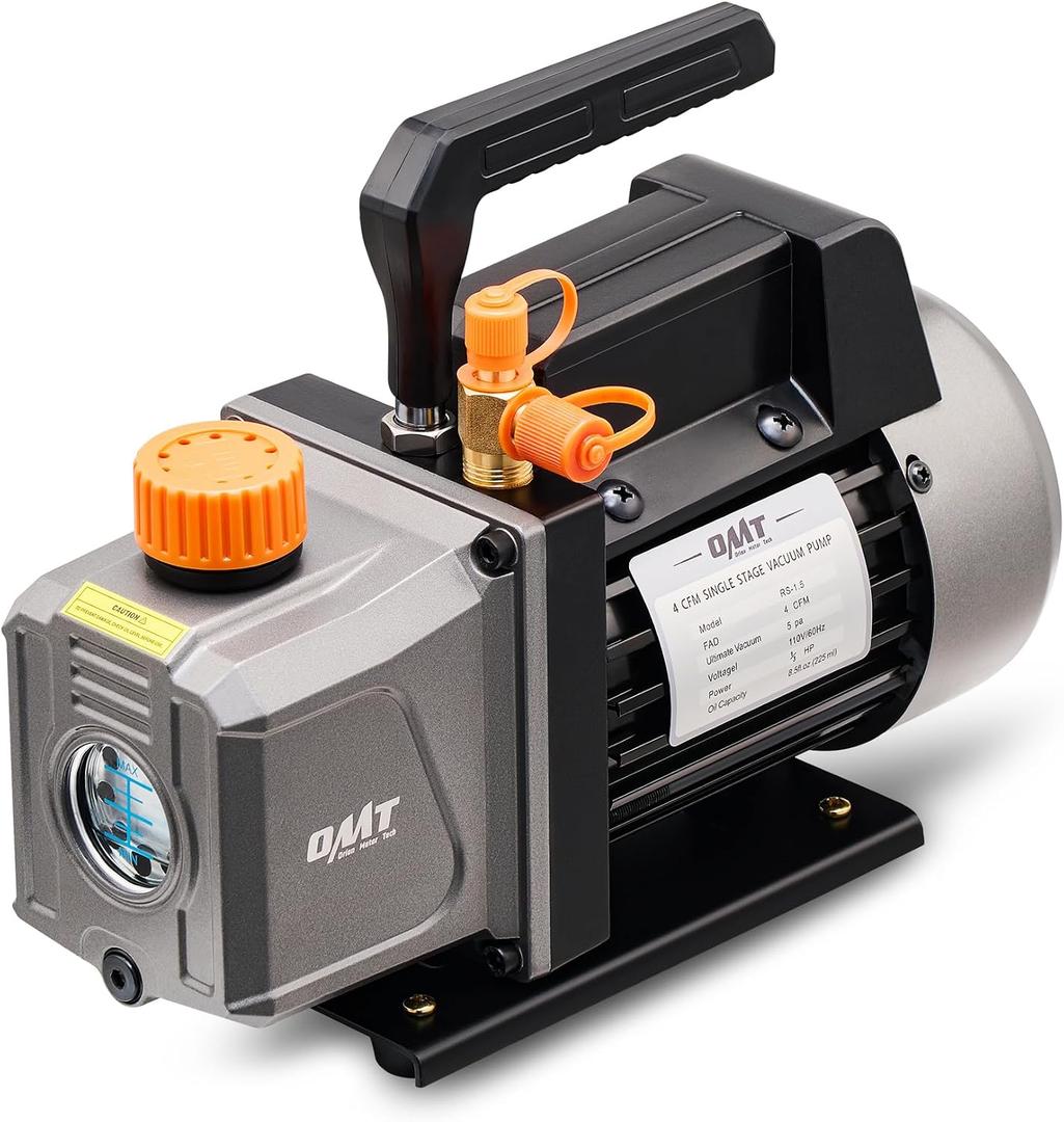 Orion Motor Tech Vacuum Pump, 4 cfm 1/3 hp HVAC Single Stage Vacuum Pump for R12 R22 R134a R410a R502, Auto AC Vacuum Pump Kit for Automotive Air Conditioner Resin Degassing & More, Oil Included