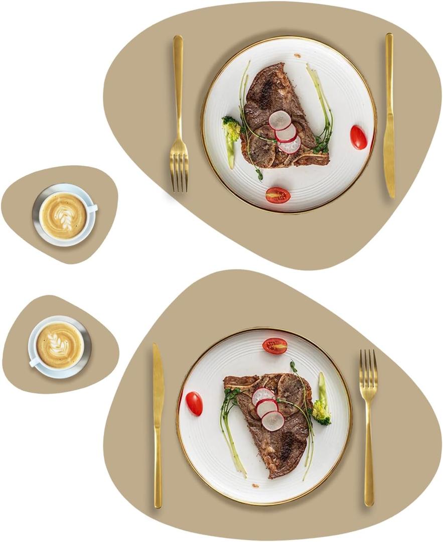 Faux Leather Placemats and Coasters Set of 2, Round Leather for Dinner Table Mats Heat Resistant Non-Slip Washable Insulation Coffee Mats Kitchen Place Mats Nordic Style,Apricot