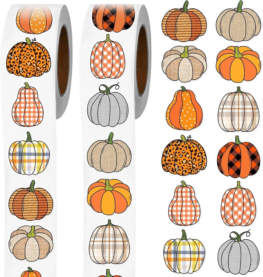 2 x Plaid Pumpkins Stickers Roll - 1000 Pcs Colorful Buffalo Plaid Pumpkin Pattern Self-Adhesive Stickers 12 Designs Pumpkin Decals Thanksgiving Autumn Labels for Fall Harvest Party Supplies