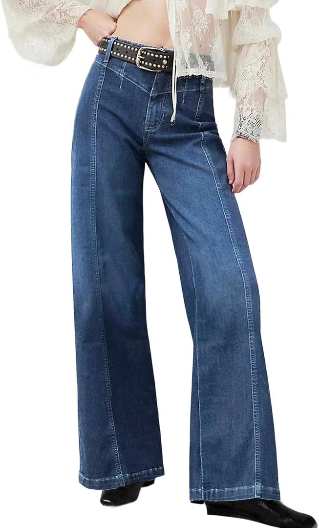 Womens Wide Leg Jeans Mid High Waisted Baggy Straight Leg Stretchy Denim Pants Seamed Long Trousers (Blue)