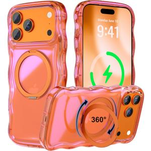 for iPhone 17 Pro Max Case with 360 Spin Magnetic Stand, [Compatible with MagSafe] [Curly Wave] Dynamic Highlight Finish Phone Case, Ring Kickstand Cover for Women Girls 6.9"-Orange