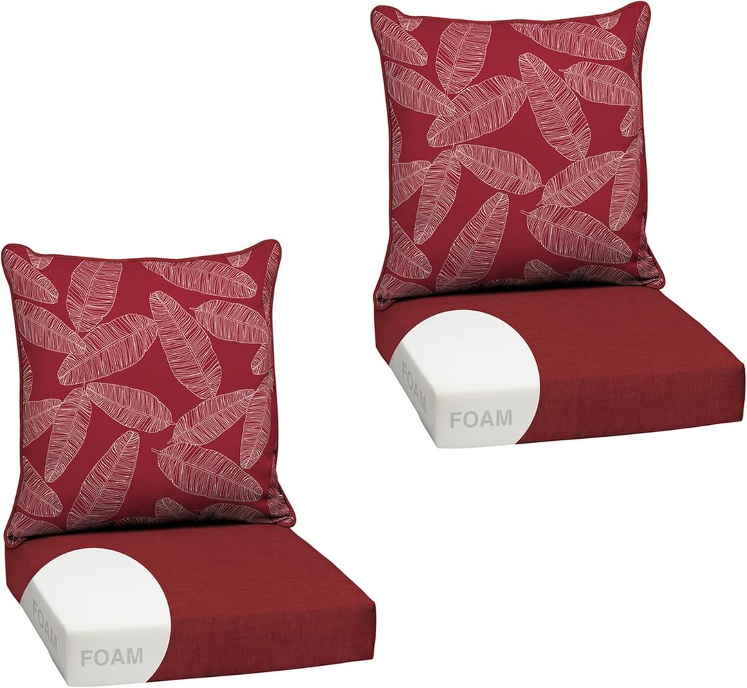 Arden Outdoor Foam Deep Seat Cushion Set, 2-Pack, 24x24, Premium High-Density Foam, Never Flattens, Weather-Proof for Patio Chair Sofa Couch, Red Leaf Palm