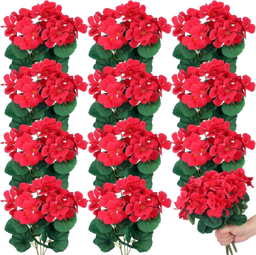 12 Pcs 10.2 Inch Artificial Geranium Flowers Silk Geraniums for Outdoors Faux Bushes Outdoor Fake Geraniums for Vase Planter Pot Floral Home Decor Indoor Garden Patio (Red)