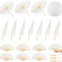 PLUVAVA 5 PCS 33 Inch White Paper Umbrella and 5 PCS Folding Handheld Fans Paper Parasols Large Chinese Japanese Oiled Umbrella DIY Painting Carfts for Wedding Props Bridal Party Décor (5 PCS)