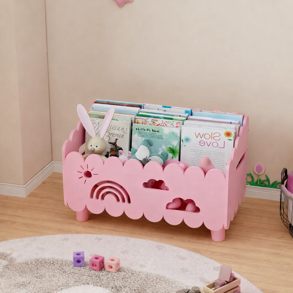 Children's Wooden Book Storage Unit Toy Chest Bookcase Montessori for Baby Bedroom and Playroom, Pink