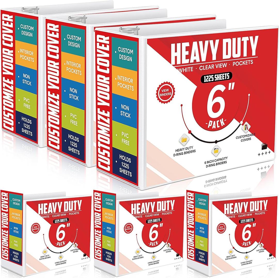 6 Pcs 3 Ring Binder, 6 Inch Large Capacity 3 Slant D Ring Binders with Pockets, 8.5" x 11" Presentation Folder View Binder with Customizable Clear Cover for Documents Files Projects (White)