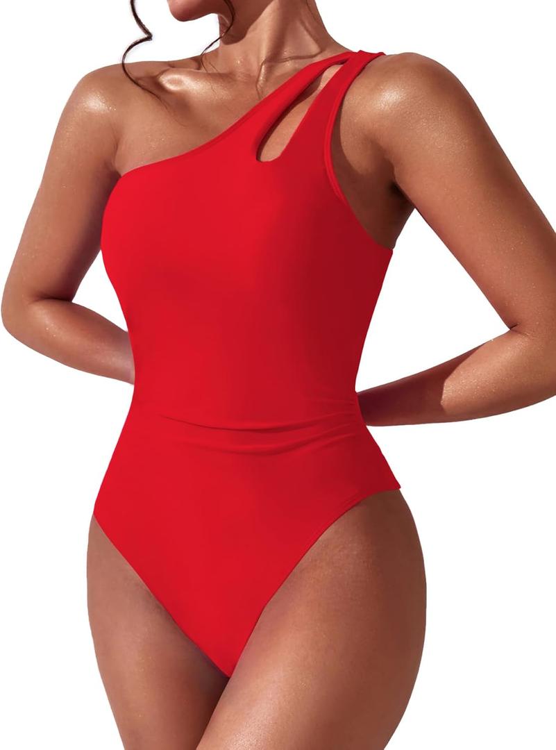 Women One Shoulder One Piece Swimsuit Tummy Control Bathing Suits Modest Full Coverage Cutout Swimwear (Red)