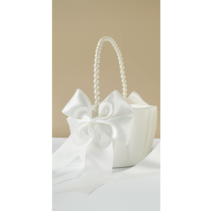 Wedding Flower Girl Baskets with Cute Pearl Handle Bowknot Satin Flower Baskets for Wedding Ceremony, Ivory