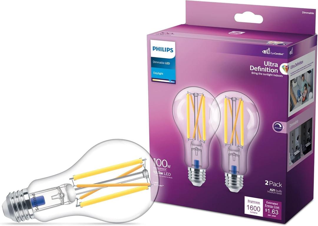 PHILIPS LED Flicker-Free Clear Dimmable A21 Light Bulb - EyeComfort Technology - 1600 Lumen - Daylight (5000K)  13.5W=100W - E26 Base - Title 20 Certified - Ultra Definition - Indoor - 2-Pack