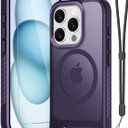 RMOCR for iPhone 15 Pro Case with Screen Protector+Lanyard Wrist Strap,Magnetic Translucent Matte Rugged Slim Phone Cover Built in Invisible Kickstand [Fit for MagSafe],Purple