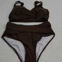 Fanuerg Women High Waisted Bikini Sets V Neck Cross Twist Front Two Piece Swimsuit Tummy Control Bathing Suit M Coffee Brown