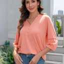 3/4 Length Sleeve Womens Tops Dressy Casual Blouses for Women 2025 Henley V Neck Shirts Loose Fit Tunic Tops (Pink, M)