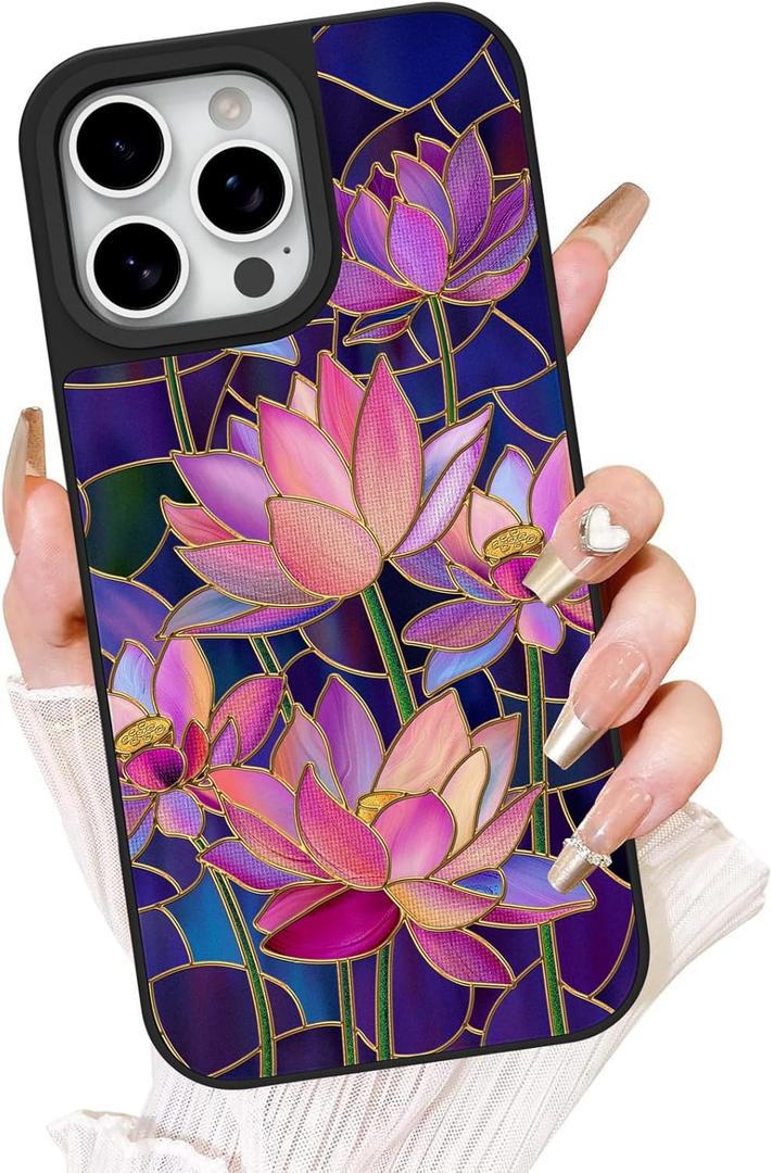 Fiyart Designed for iPhone 16 Pro Max Case,Cute 3D Glossy Lotus Pink Purple Flowers for Women Girls Hard Shell Designed for Magsafe Charging Durable Shockproof TPU Phone Bumper