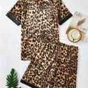 WDIRARA Men's 2 Piece Leopard Print Satin Pajama Set Button Down Short Sleeve Shorts Loungewear Sets (M)