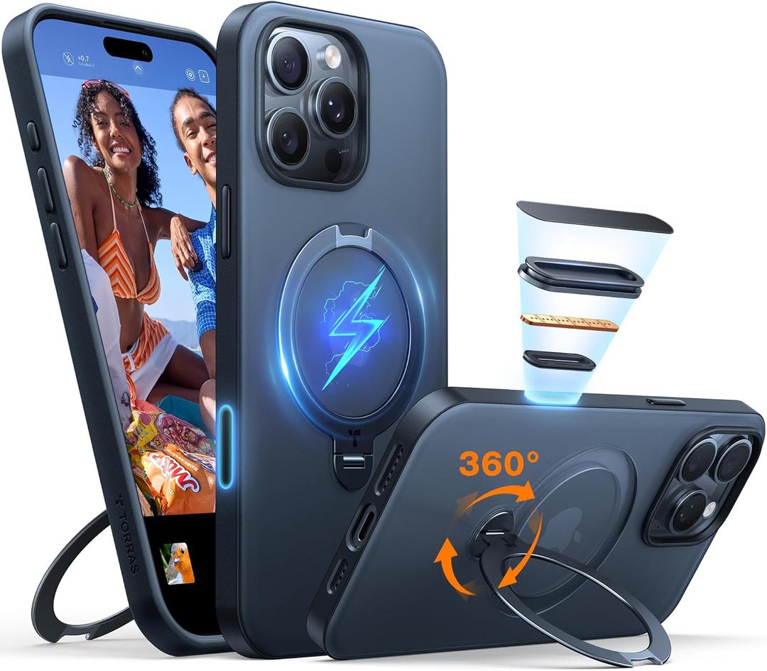 TORRAS 360 Spin for iPhone 16 Pro Case with Camera Control Button, Fit for MagSafe, Builtin Kickstand & Ring Holder, MilGrade Protective Camera Capture Cover Case for iPhone 16 Pro, Black 6.3''