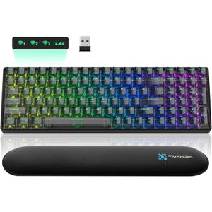 Wireless Creamy Mechanical Gaming Keyboard with Transparent Keycaps, 100 Keys Custom Hot-Swap RGB Backlit, 3-Mode BT/2.4G/USB-C, 3000mAh Battery, Ergonomic Keyboard with Wrist Rest, Linear Switch