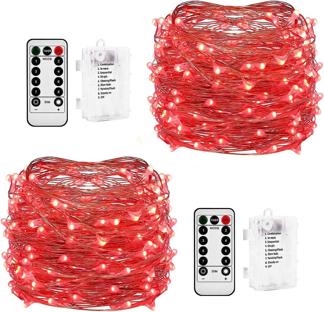 Mikasol Fairy String Lights, 2 Packs Led Fairy Lights Battery Operated Waterproof Copper Wire with Remote Control Fairy Lights for Bedroom. Firefly Lights Christmas Lights 8 Modes (16.4 ft/Red)