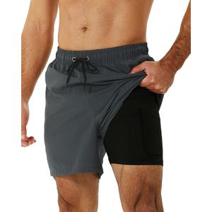 SILKWORLD Mens Swimming Trunks with Compression Liner 2 in 1 Quick-Dry Swim Shorts with Zipper Pockets (Large, Dark Grey)