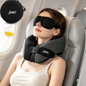 jiaao Travel Pillow Premium Memory Foam Neck Support, 360 Support Ergonomic Design Neck Pillow for Airplanes, Cars & Trains with Eye Mask, Earplugs and Bag