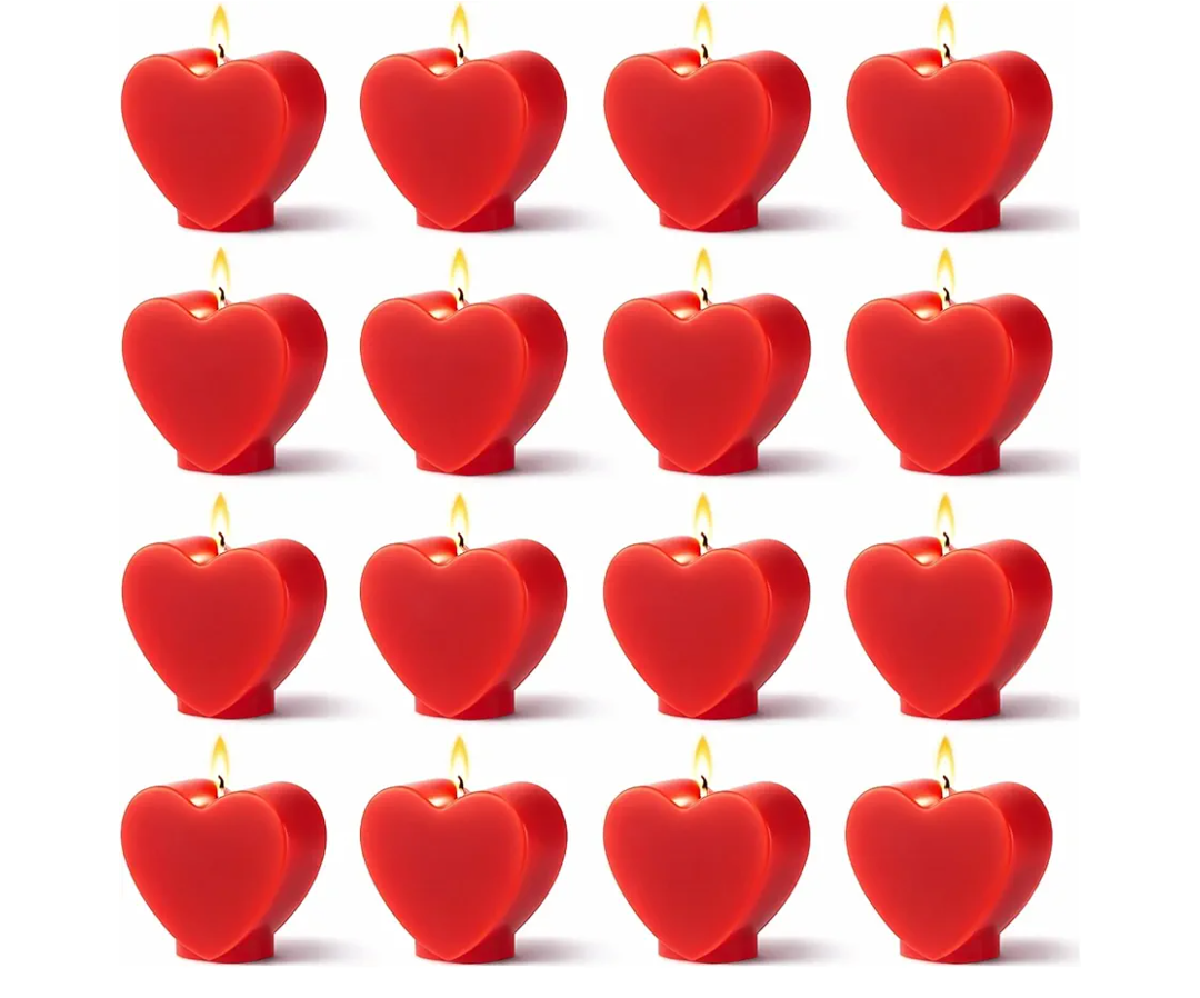 Lyrow 16 Pcs Mini Valentine's Day Red Heart Candles 2 Inch Small Heart Burning Candles Soy Wax Candle for Valentines Romantic Special Night Wedding Anniversary Table Decorations