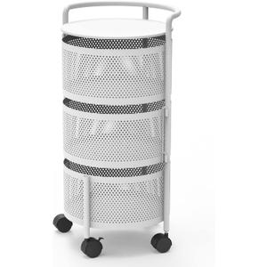 JAQ Vegetables Storage Basket, 3-Tier Multi Layer Rotating Storage Shelves Basket Carts Rack Organizer Bin on Rolling Wheels in Kitchen Household for Fruits Grocery Corns Potatos (3-Tier, White)