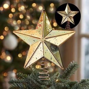 Gejoy 9.8 Inch Christmas Tree Topper Antique Mercury Glass Star Miniature Star Treetop Xmas Treetop Ornament for Tree Home Farmhouse Holiday Party Decorations(Gold, Vintage)
