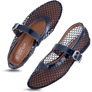 Womens Mesh Ballet Flats  Fishnet Mary Jane Flats with Adjustable Buckle Strap, Breathable & Stylish Ballerina Shoes (9, Navy)