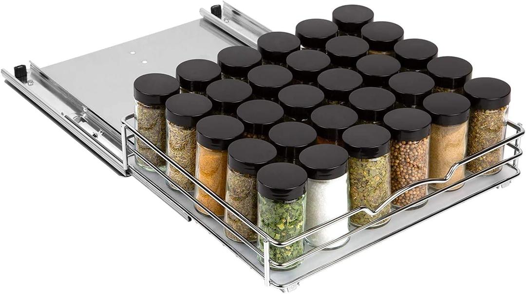 Pull-Out Cabinet Spice Rack Organizer - Slim Slide-Out Storage for Spices, Bottles & Jars, Premium Heavy-Duty Steel, Easy Install for Narrow Kitchen Cabinets - 12 ⅜ W x 10 ⅜ D x 2 ¾ H, Chrome