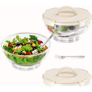 MANO 2pack Large Iced Salad Bowl with Lid and Utensils to Go Ice Chilled Food Serving Containers with Handles for Fruit Veggie Storage for Fridge Refrigerator Party Camping, Picnic, Beige