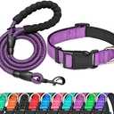 Ladoogo Reflective Dog Collar Padded with Soft Neoprene Breathable Adjustable Nylon Dog Collars for Small Medium Large Dogs (Medium (Pack of 1), Purple Collar+Leash)