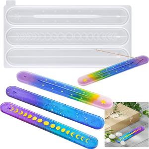 NiArt Incense Stick Holder Epoxy Resin Casting Silicone Mold Set, 10" Long 3 Designs Moon Phases/Stars/Plain DIY Art Craft Ash Catcher Burner Worship Meditation UV Spa Energy Attom Home Decor Ornament