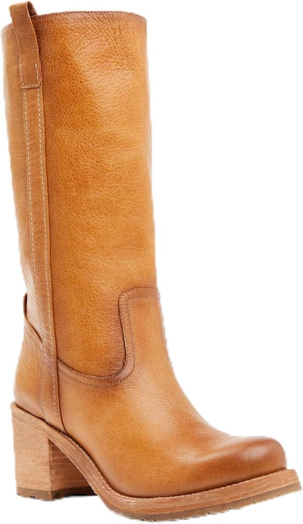 Brown Chunky Block Heel Knee High Boots for Women Pull on Round Toe Mid Calf Boots Riding Fall Tall Boots (8, Tan)