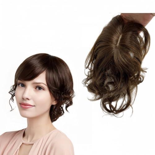 Short  Wavy Human Hair Toppers for Women and Men Clip In Toupee With Side Bangs Hair Partial Wig Wiglets Hairpieces (Dark Brown)