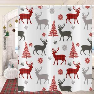 Christmas Shower Curtain, Weighed Bottom Buffalo Check Plaid Elk Xmas Tree Winter Snowflake Bathroom Curtain for Bathtub Home Decor Waterproof Fabric Machine Washable with 12 Hooks,72"x72"
