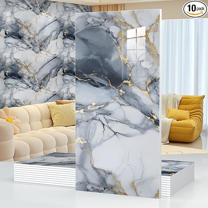 10pcs Thick Marble Peel and Stick Waterproof Wall Panels,Heat-Resistant Backsplash Tile, 23.6"x11.8" PVC Foam Wall Sticker for Kitchen,Living Rooms,TV Walls,Blue and Gold (Not Real Tile 19.4Sq. Ft.)