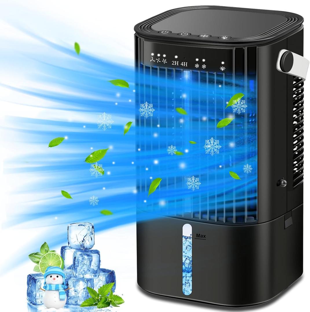 Upgraded Portable Air Conditioners- Evaporative Air Cooler,Portable AC with 3 Wind Speed & Mist, Mini Cooling Fan Personal Air Conditioner with 7 Night Light & 2-4H Timer for Bedroom Office Home-Black