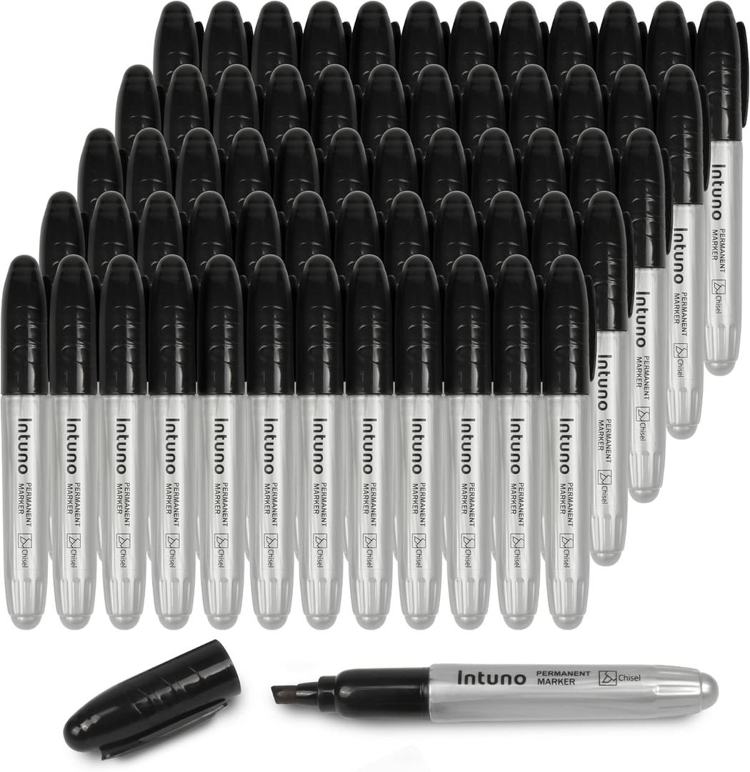 Jumo Permanent Markers, 60 Count Black, Chisel tip, Oil-Based Permanent Markers, Waterproof and Fade-Resistant, for Paper, Wood, Metal, Glass and More