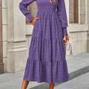 CFLONGE Women's Fall Dresses 2025 Puff Long Sleeve Square Neck Dress High Waist Smocked A-Line Flowy Wedding Party Maxi Dress (Purple, XL)
