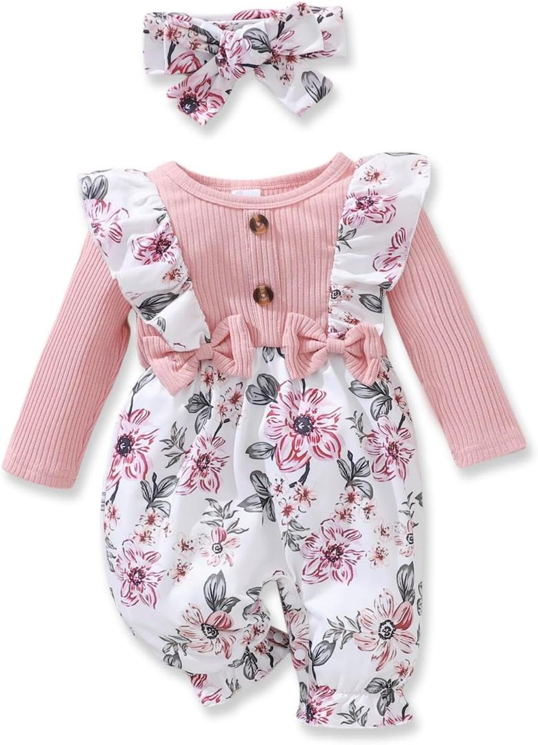 Newborn Baby Girl Clothes Infant One-Piece Romper+Jumpsuit+Bodysuit+Headband Fall Winter Outfits New Born Set (3-6 Months, Pink)