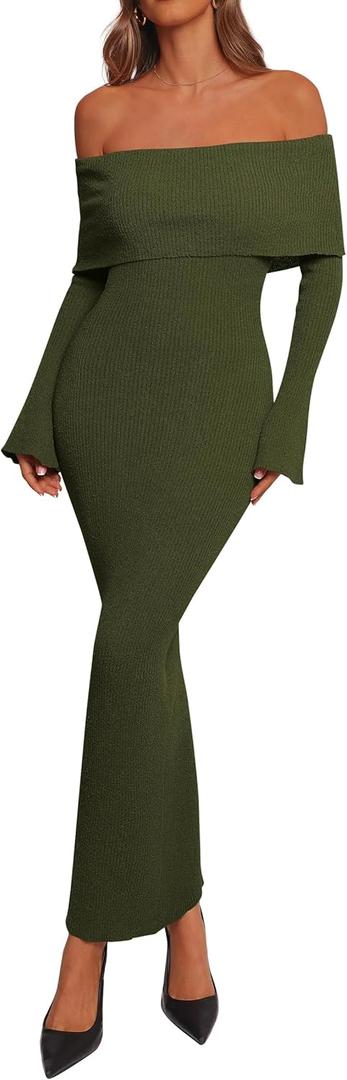 dowerme Women's Off The Shoulder Sweater Dress 2025 Formal Long Sleeve Bodycon Maxi Wedding Guest Dresses Fall Outfits (Large, Army Green)