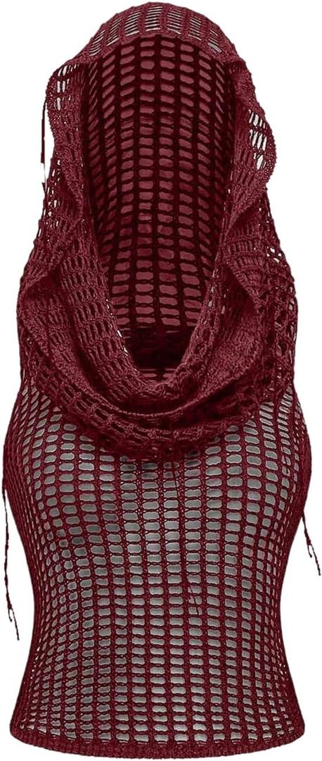 Milumia Women's Hollow Out Hoodie Vest Draped Front Sleeveless Knitted Hooded Tops Party Rave Outfits (Burgundy, S)