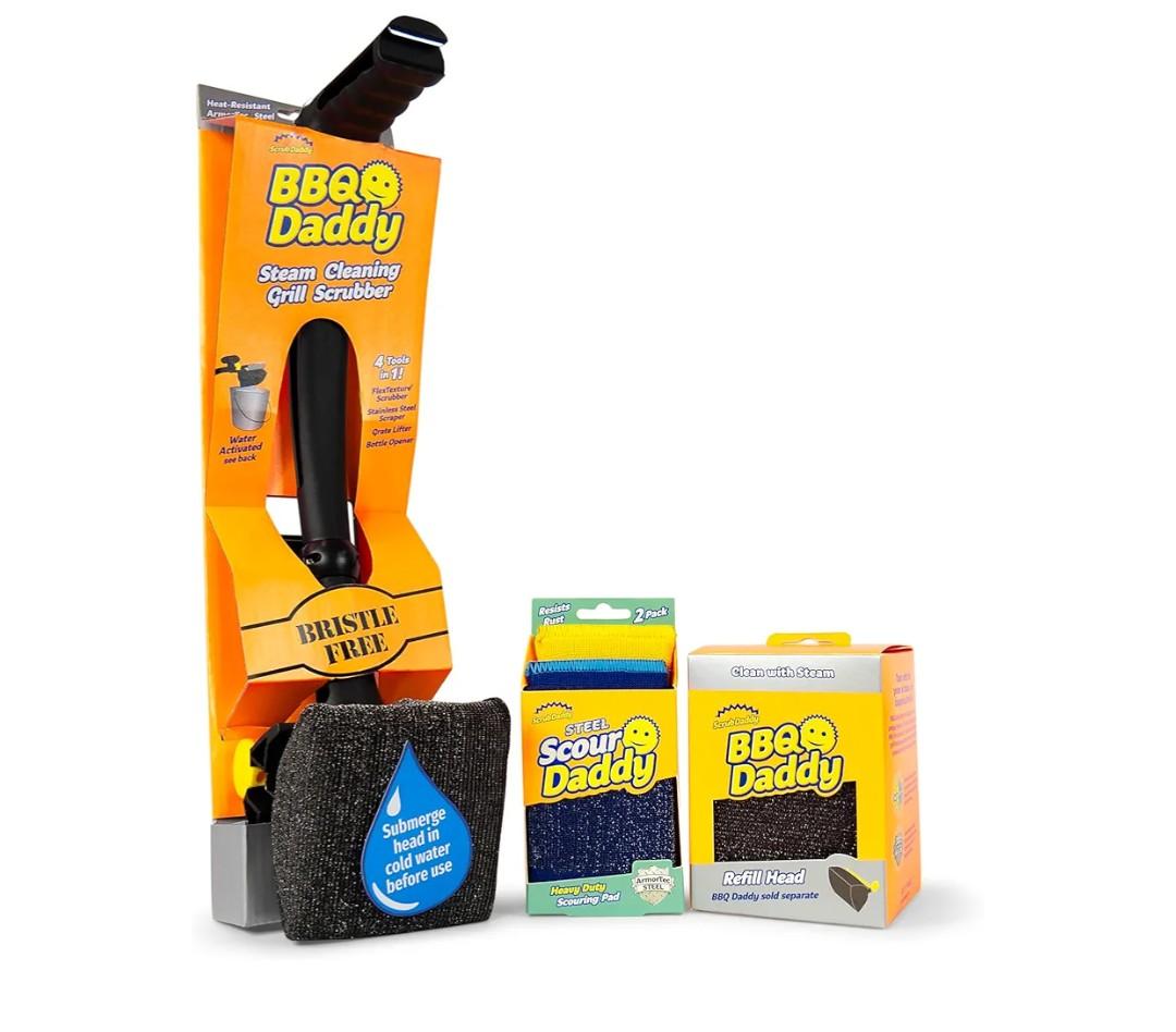 Scrub Daddy BBQ Grill Cleaner Kit - Bristle Free Grill Brush with Refill + Scour Daddy Steel Sponge - Temperature-Controlled Tools - Cut Through Charred Buildup