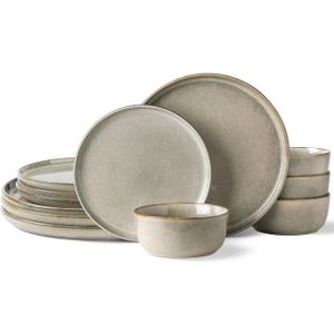 AmorArc Stoneware Dinnerware Sets for 4,Round Reactive Glaze Ceramics Plates and Bowls Set,Highly Scratch Resistant Dishware | Dishwasher & Microwave Safe Dishes Set, Service for 4 (12pc)